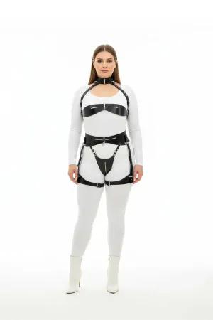 Black Faux Leather Full Body Harness Women Adjustable Straps Glossy Finish