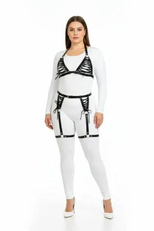 Black Lace-Up Faux Leather Body Harness Set Plus Size