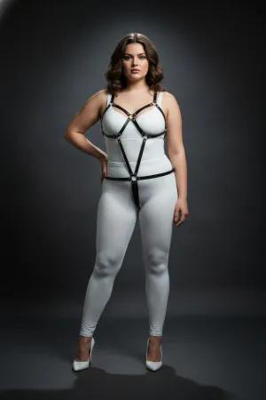 Black faux leather full body harness with adjustable O-ring straps