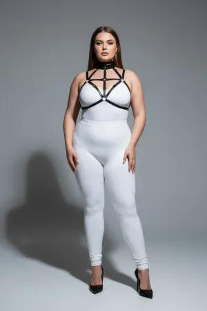 Black vegan leather strappy body harness with integrated choker neck detail