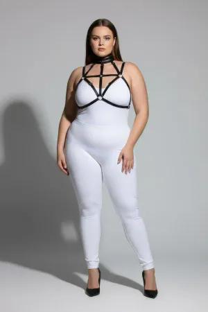 Black vegan leather strappy body harness with integrated choker neck detail