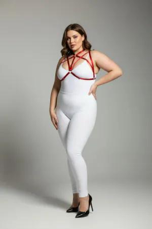 Red faux leather strappy chest harness with O-ring detail worn by a plus-size model