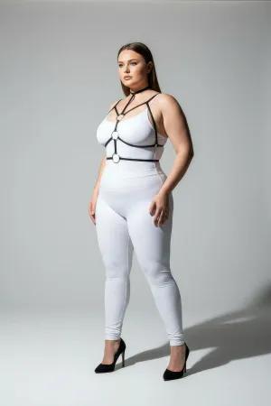 Black Faux Leather Strappy Body Harness with Double O-Ring Detail