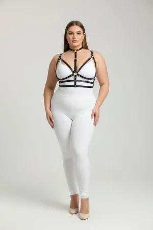Black Faux Leather Strappy Choker Harness with O-Ring Detail on Plus Size Model