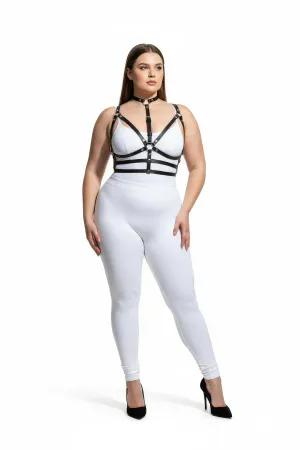 Black Faux Leather Strappy Choker Harness with O-Ring Detail on Plus Size Model
