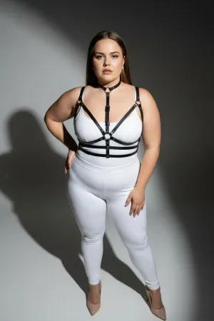 Black Faux Leather Strappy Choker Harness with O-Ring Detail on Plus Size Model