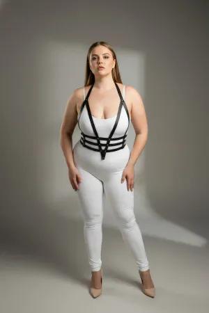 Black vegan leather V-strap body harness on model