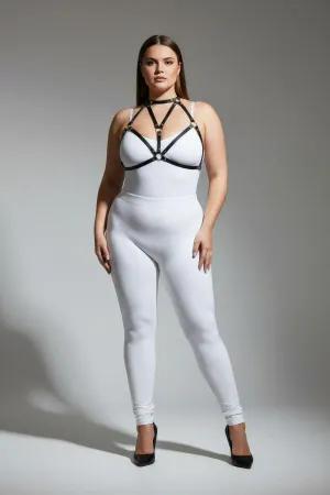 Black faux leather strappy body harness with O-ring detail