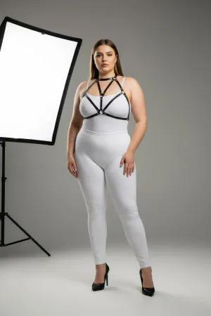 Black faux leather strappy body harness with O-ring detail