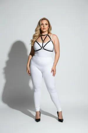 Black faux leather strappy body harness with O-ring detail