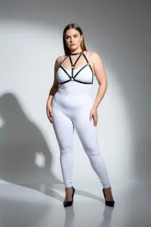 Black faux leather strappy body harness with O-ring detail