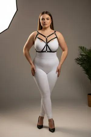 Black faux leather strappy body harness with adjustable straps and O-ring detail