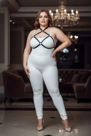 Black faux leather strappy chest harness with O-ring details, worn by a plus-size model.