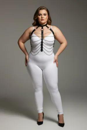 Black faux leather body harness with silver chains, worn by a plus-size model