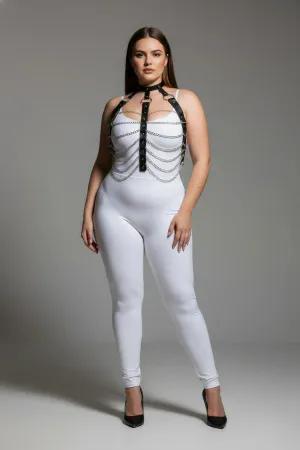 Black faux leather body harness with silver chains, worn by a plus-size model
