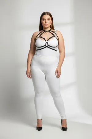 Black faux leather strappy chest harness with O-ring detail and adjustable buckle straps