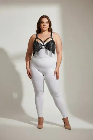 Black faux leather fringe body harness with central O-ring worn by a plus-size model.