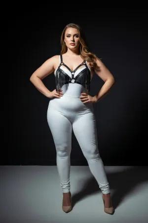 Black faux leather fringe body harness with central O-ring worn by a plus-size model.