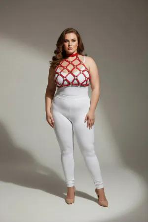 Red geometric cage halter harness with nail details worn by a plus-size model