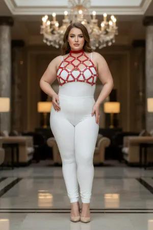Red geometric cage halter harness with nail details worn by a plus-size model