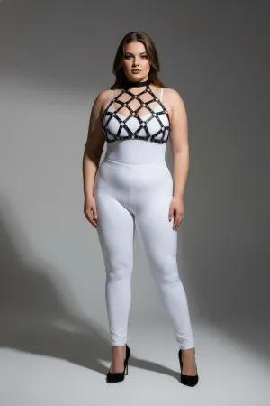 Black vegan leather geometric cage body harness with choker detail