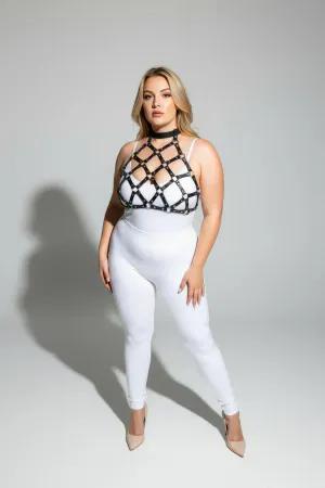 Black vegan leather geometric cage body harness with choker detail