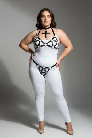 Black Faux Leather Harness Set with Cross Choker and O-Rings
