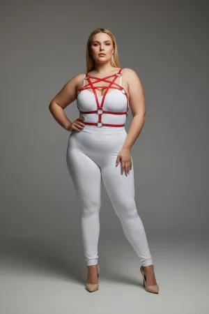 Red vegan leather starburst body harness with silver O-rings