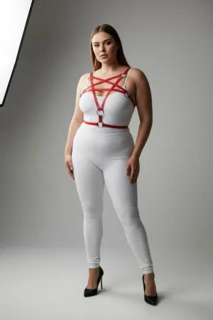 Red vegan leather starburst body harness with silver O-rings