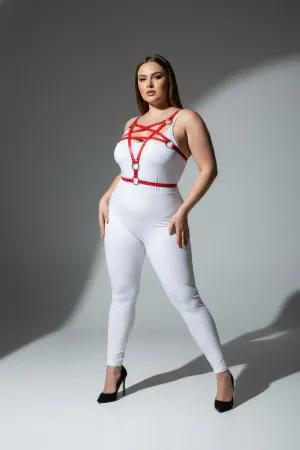 Red vegan leather starburst body harness with silver O-rings