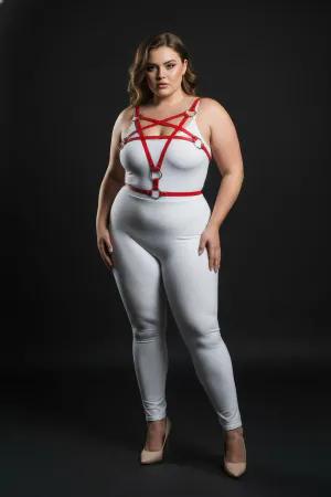 Red vegan leather starburst body harness with silver O-rings