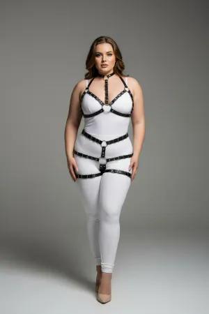 Black Faux Leather Full Body Harness with Choker and Leg Garters for Women