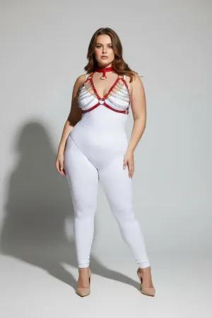 Red faux leather body harness with cascading silver chains and O-ring detail, worn by a plus-size model.