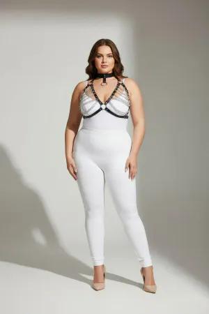Black faux leather body harness with silver-tone chain detailing and choker collar on a plus-size model