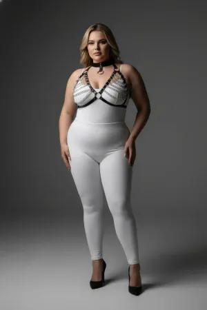 Black faux leather body harness with silver-tone chain detailing and choker collar on a plus-size model