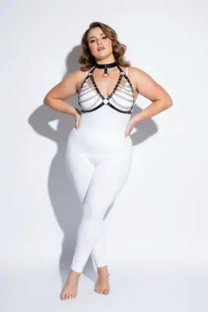 Black faux leather body harness with silver-tone chain detailing and choker collar on a plus-size model