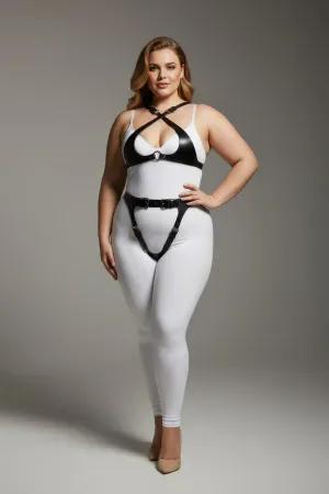 Black Faux Leather Full Body Harness Set with Garter Straps, worn by a plus-size woman