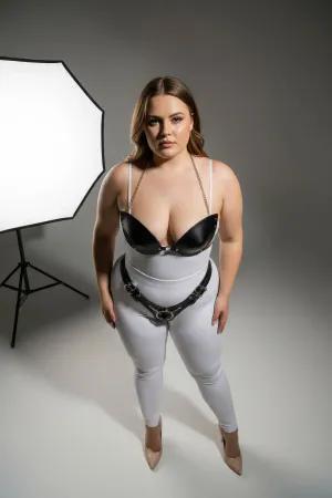 Black Faux Leather Bra Harness with Silver Chain on Plus Size Model