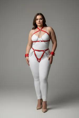 Red Faux Leather Full Body Harness O-Ring Waist Chain
