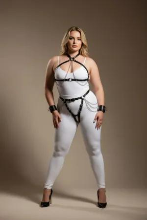 Black Faux Leather Full Body Harness Set with Choker and Cuffs