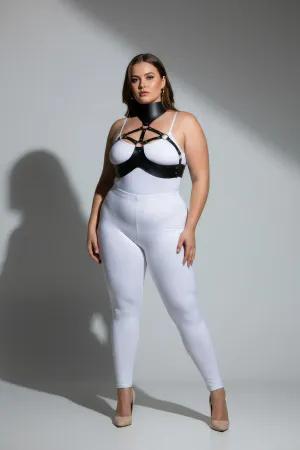 Black Faux Leather Chest Harness with High Collar and O-Rings Worn by Plus Size Model