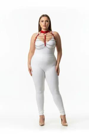 Red faux leather body harness with silver chains and O-ring detail, worn by a plus-size model.