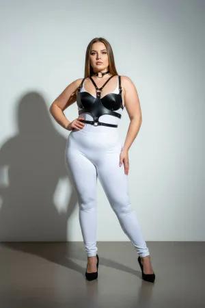 Black faux leather chest harness with choker set, worn by a plus-size model.