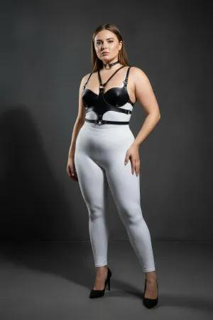 Black faux leather chest harness with choker set, worn by a plus-size model.