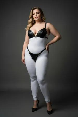 Black Studded Faux Leather Bra and Thong Harness Set on a plus-size model