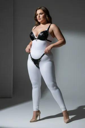 Black Studded Faux Leather Bra and Thong Harness Set on a plus-size model