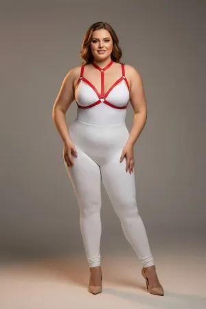 Red faux leather strappy body harness with O-ring details and adjustable straps