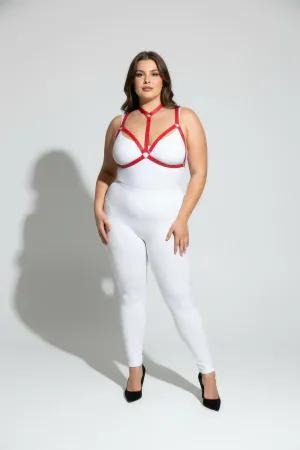 Red faux leather strappy body harness with O-ring details and adjustable straps