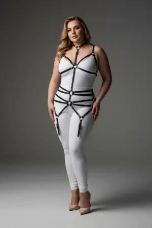 Black faux leather full body harness with choker and adjustable garter straps