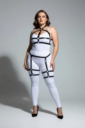 Black faux leather full body harness with garter straps and silver O-rings
